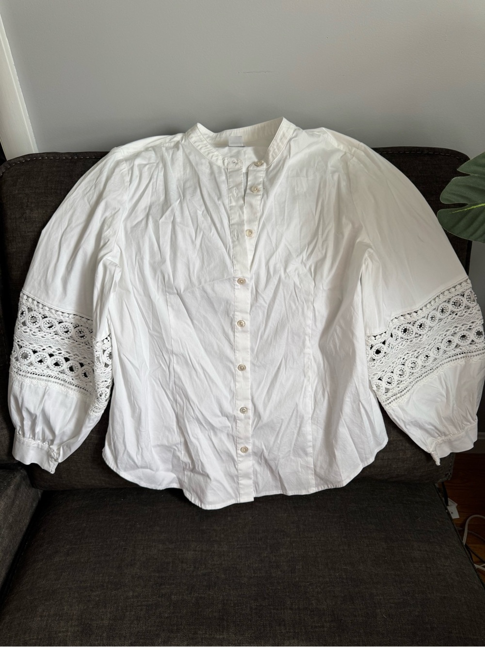 Chico's White Button-Front Blouse with Lace Sleeve Panels
